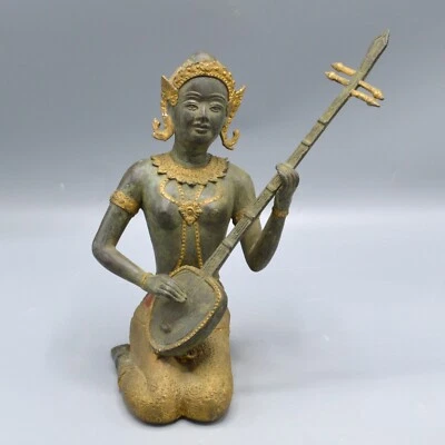 Vintage Gilt Bronze Thai Princess Deity Figure Playing a Lute Circa 1950's - Image 1 of 4