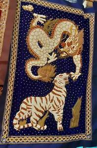  Dragon and Tiger with white pearl on Blue/Red Velvet LargeThai Kalaga Tapestry 
