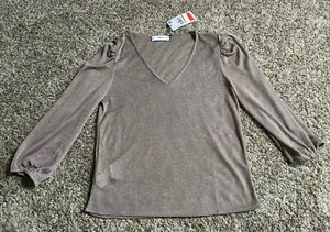 Mng Mango Shimmer Top Women’s Small Taupe Pullover Semi Sheer Blouse NEW - Picture 1 of 23