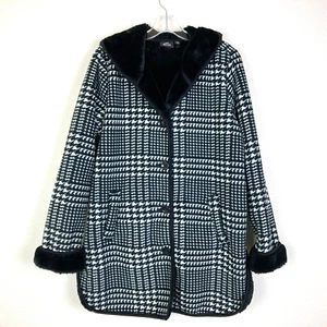 Ike Behar Women's Hooded Houndstooth Coat Size M Black White Faux Fur Lining - Picture 1 of 8