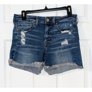 American Eagle Denim Shorts Super Stretch Distressed Cuffed Blue Size 8 - Picture 1 of 7