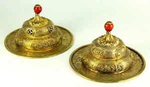 ~Antique Pair of Gilded & Tooled Silver Sino-Tibetan Cup Covers w. Coral Finials - Picture 1 of 12