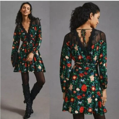 ANTHROPOLOGIE Lacey Floral V-Neck Mini Dress Green Red Multi Size 6 - Image 1 of 4
