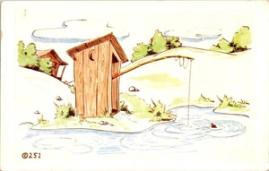 Outhouse Fishing Pond Cabin Humor Comic 1950s Postcard - Picture 1 of 2