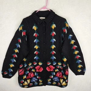 Susan Bristol Womens Wool Knit By Hand Black Floral Cardigan Sweater Size L 1990 - Picture 1 of 4