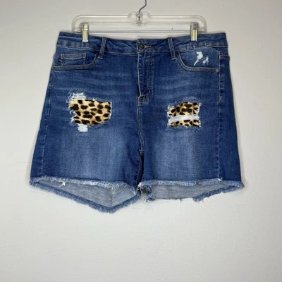 Judy Blue Women’s Sz 2XL Denim Leopard Patch Stretch High Rise Cut Off Shorts - Image 1 of 4