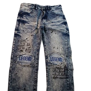 Pantalones de mezclilla elásticos azules oscuros con gráficos por goteo encriptados para niños: talla 18 - Imagen 1 de 4