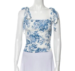 Reformation Ellora Top Gr. S blau weiß Blumen Schulter Bindebänder Schleifen - Bild 1 von 4