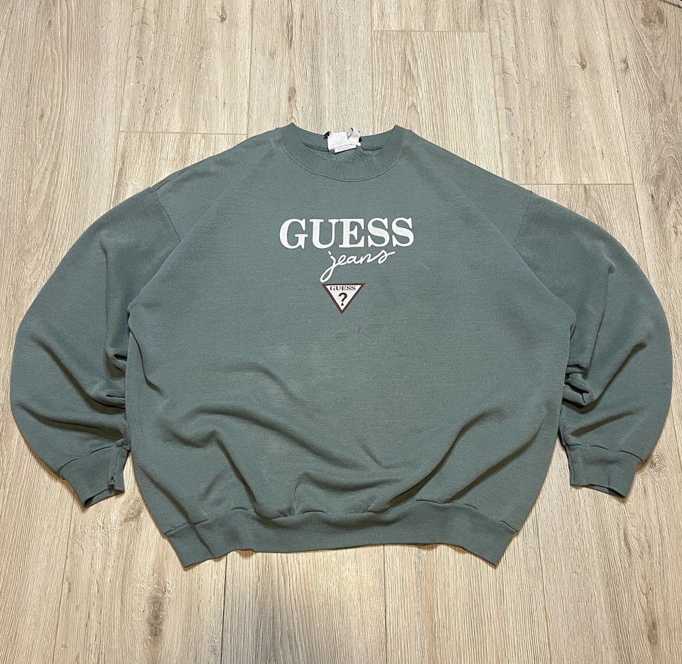 Vintage 90s Guess Jeans USA Crewneck Sweatshirt Green Mint Logo Lee Blank Boot - Image 1 of 4