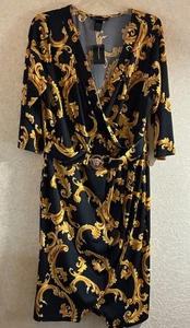 NEU MIT ETIKETT ASHLEY STEWART DAMENKLEID GRÖSSE 14/16 SCHWARZ GOLD ROLLDRUCK WICKELOPTIK - Bild 1 von 5