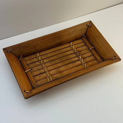 Bamboo Serving Tray Rectangular Vintage Woven Platter 10x6 Inches Rustic Decor - Image 1 of 4