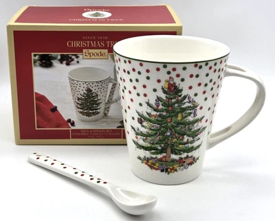 Spode Árbol de Navidad Lunares Chocolate Caliente Cacao Taza y Cuchara Set NUEVO EN CAJA Foto 1 de 4