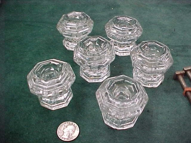 SET 6 ANTIQUE 19th CENTURY GLASS FURNITURE KNOBS 1860-1890 OCTAGON STEPPED TOPS - Image 1 of 1