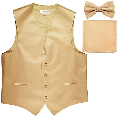New Men's formal vest Tuxedo Waistcoat_bowtie & hankie set Beige wedding party - Image 1 of 4