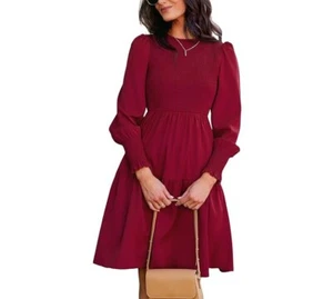 CUPSHE Women's Round Neck Emerald Green Smocked Long Sleeve Mini Dress Ruffled M - Picture 1 of 7