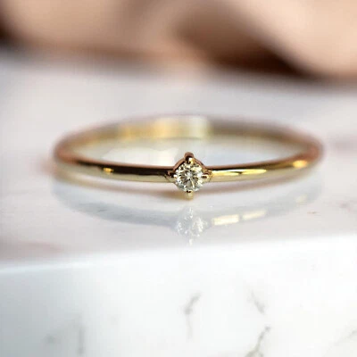 14K Solid Gold Single Diamond Thin Ring 1 Diamond Minimalist Diamond Band - Image 1 of 4