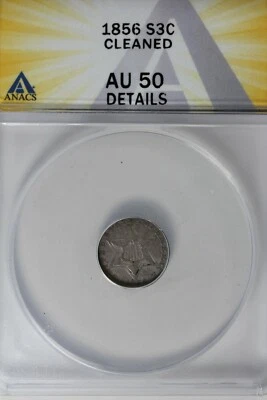 1856 .03 ANACS  AU 50 DETAILS CLEANED  STAR AND SHIELD three cent (3c), Trime - Image 1 of 2