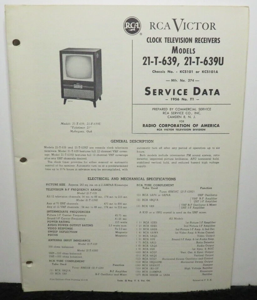 RCA VICTOR TELEVISION SERVICE DATA 1956 T1 21-T-639 -639U KCS101 KCS101A 36 PAGE - Image 1 of 1