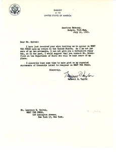 12 de julio de 1965 Firmado Embajada de Estados Unidos Saigón, Vietnam, Maxwell Taylor TV CONOCER LA PRENSA - Imagen 1 de 6