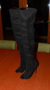 CARVELA Black Suede Over Knee Stiletto Boots Peep Toe Pull On Ladies EU38 UK5 - Picture 1 of 7