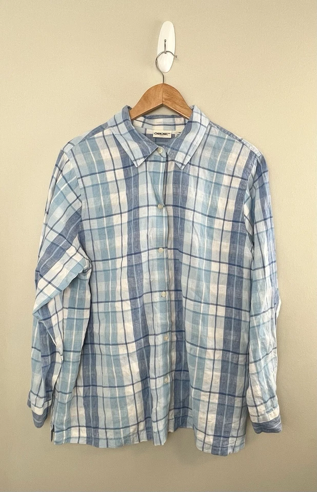 Cherokee 女式 100% 亚麻纽扣衬衫蓝色条纹女式 16W 码 — 第 1/4 张图片