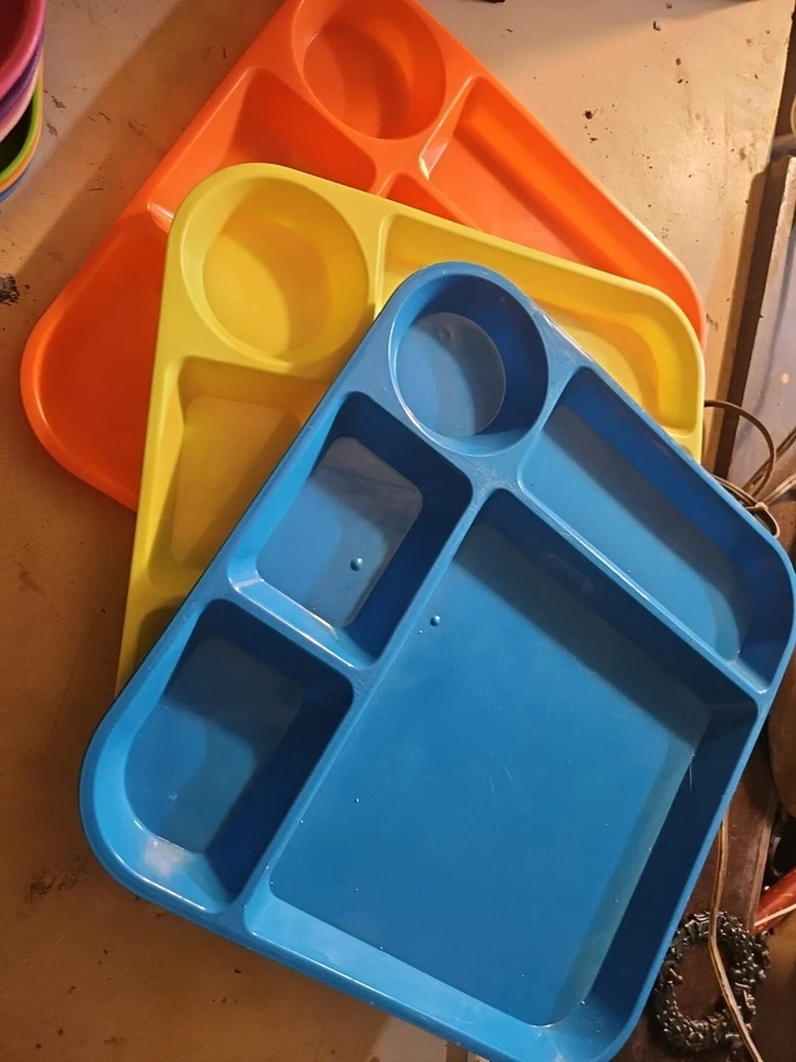 Lot of 3 Plastic 5 Compartment Snack Lunch Trays 10" X 10" Orange Blue Yellow - Image 1 of 4