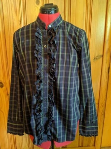 Chaps Women XL Green Black Plaid Long Sleeve Cotton Ruffle Mandarin Top Shirt - Picture 1 of 10