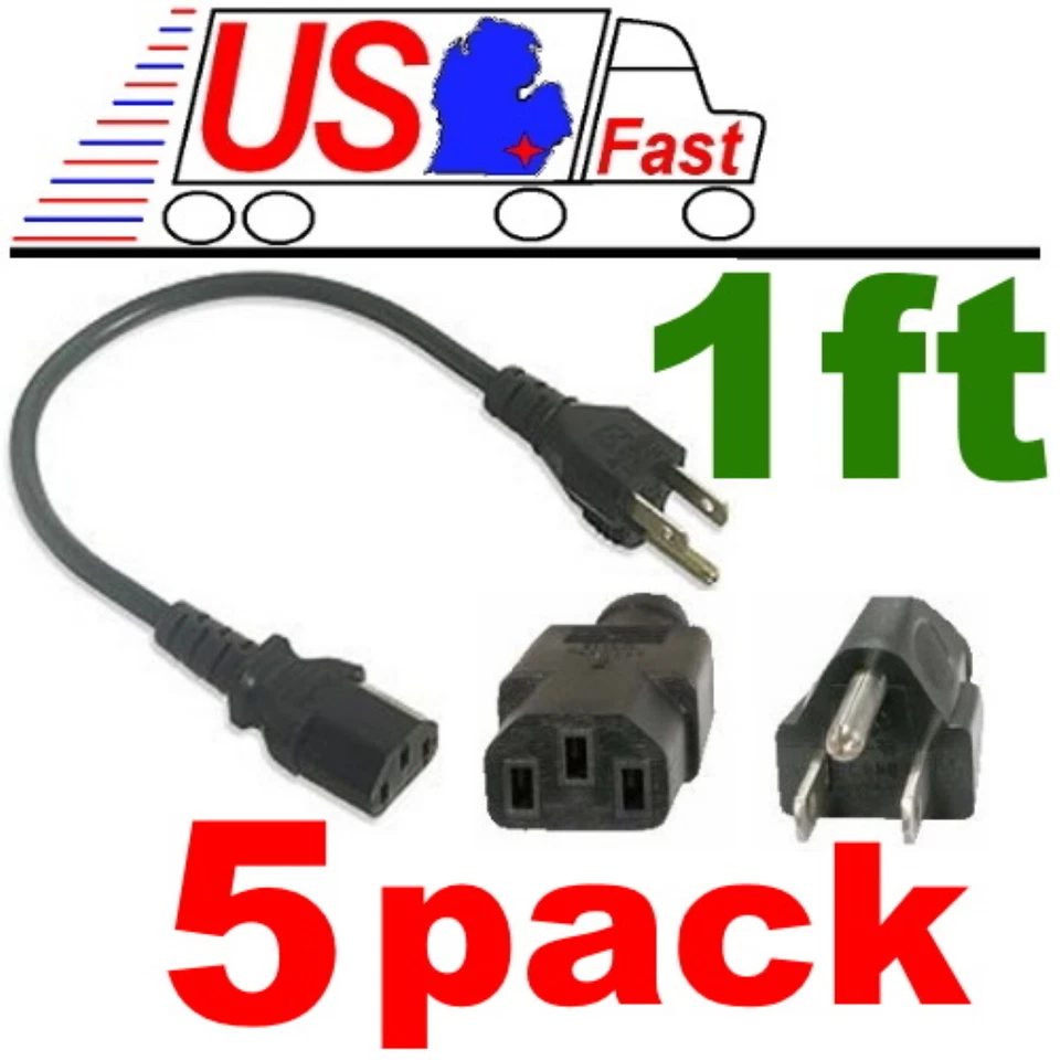 Lot5, 5pack 12"inch/1ft 18awg Short Standard Power Cord/Cable/Wire  IEC320 C13 - Image 1 of 1
