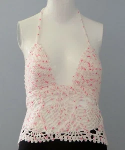 New Handmade Crochet White Pink Size 24 (XS) Pineapple Lace Halter Blouse Tops - Picture 1 of 7
