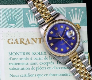ROLEX MENS DATEJUST BLUE DIAL 18KY GOLD FLUTED BEZEL WATCH 16013 BOX & PAPERS - Picture 1 of 22