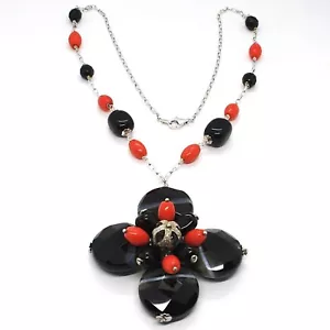 COLLANA ARGENTO 925, AGATA DISCO SFACCETTATA, ONICE, CORALLO, FIORE PENDENTE - Foto 1 di 8