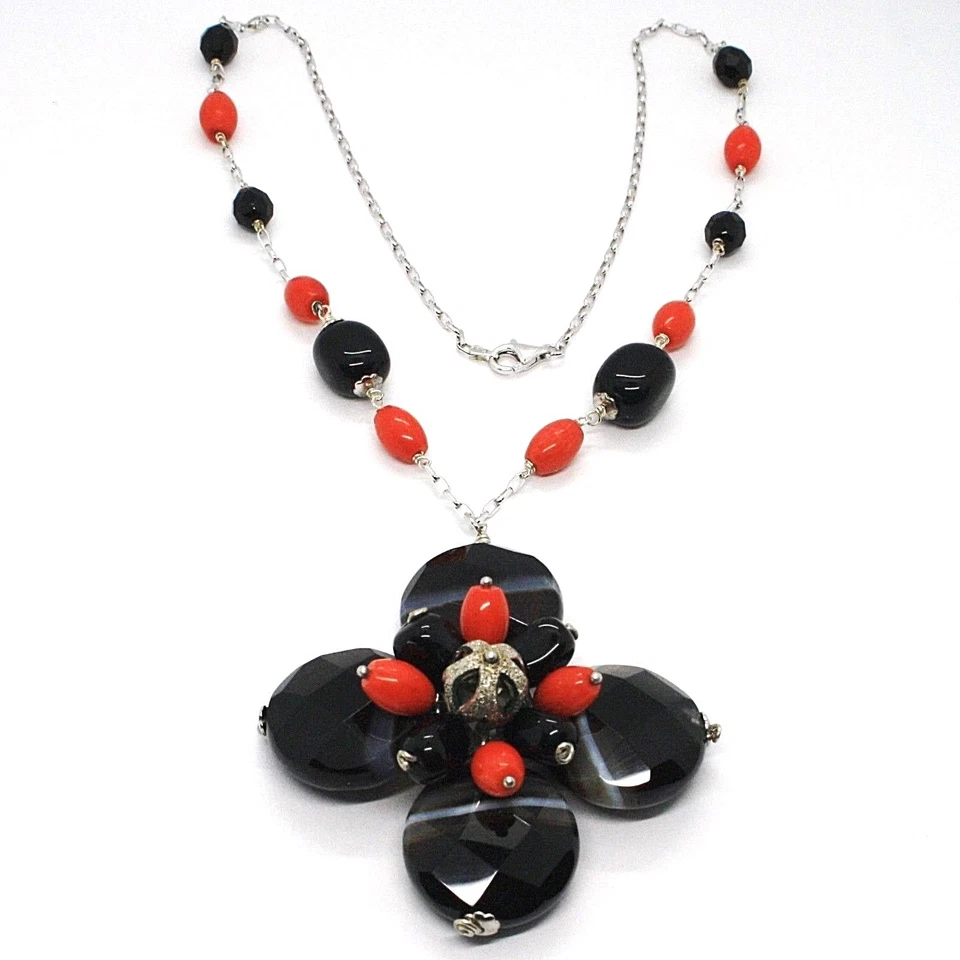 COLLANA ARGENTO 925, AGATA DISCO SFACCETTATA, ONICE, CORALLO, FIORE PENDENTE - Immagine 1 di 4