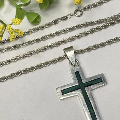 Sterling Silver MEXICO Malachite Cross Pendant 3mm Twisted Rope Necklace 24”L - Image 1 of 4