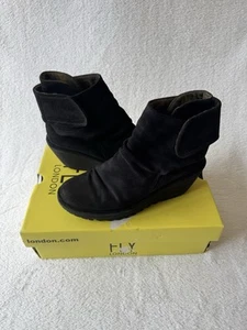 FLY London Suede Wedge Ankle Boots Black YEG1689FLY RRP £130 Size 6 UK - Picture 1 of 11