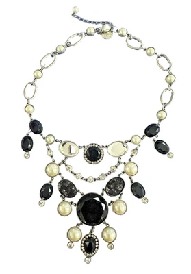 Collar Casa Blanca Mercado Negro Encaje Perla Cristal Babero Declaración Tono Plata Foto 1 de 4