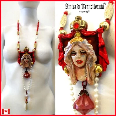 jewelry necklace pendant princess doll red layered lariat pearl royal crown bib - Image 1 of 4
