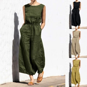 Women's Cotton Linen Jumpsuit Summer Casual Loose Plain Romper Playsuit Overalls - Picture 1 of 15