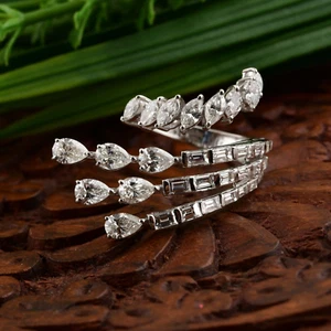 3.30 Ct Lab Grown CVD Baguette Pear Marquise Diamond Cuff Ring 18k White Gold - Picture 1 of 9
