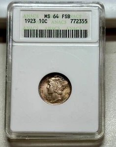 1923 MERCURY DIME ANACS MS64 FB OLD HOLDER - Picture 1 of 4