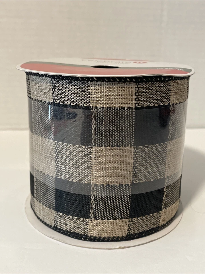 Celebrate It! Buffalo Plaid Black & Brown Ribbon 3.75”x 18ft. New - Image 1 of 3