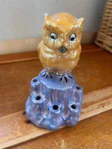 Made in Japan Orange & Blue Luster Owl Perched on Rocks Ceramic Flower Frog - - Picture 1 of 11
