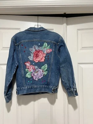 Chaqueta vaquera vintage Georges Marciano GUESS pintada a mano flores azules S Foto 1 de 4