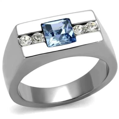Mens blue sapphire ring signet cz stainless steel pinky silver stamped  2307 - Image 1 of 4
