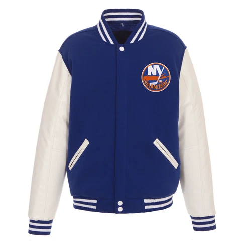 NHL New York Islanders Reversible Fleece Jacket PVC Sleeves 2 Front Patch Logos Cover