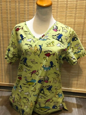 Scrubs Scrub Top Cartoon Dr.Seuss One fish two fish Red fish blue fish Small S - Image 1 of 4