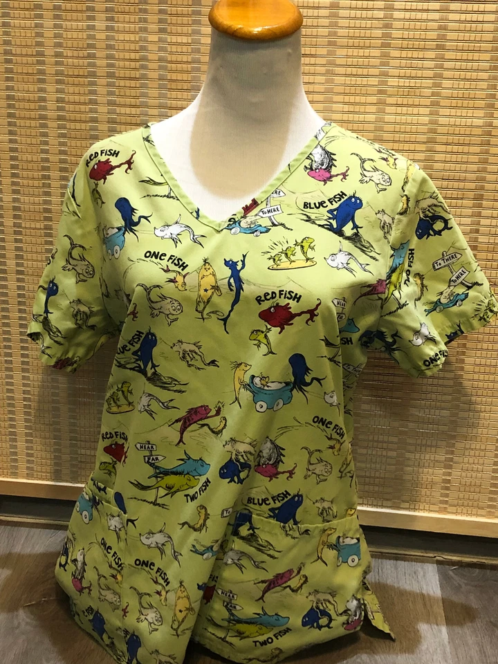 Scrubs Scrub Top Cartoon Dr.Seuss One fish two fish Red fish blue fish Small S - Image 1 of 4
