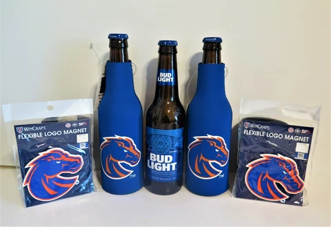 TWO (2) BOISE STATE BRONCOS, NEOPRENE BOTTLE SUITS & TWO FLEXIBLE MAGNETS Cover
