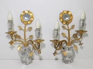 Vintage Set Wandlampen Maison Baguès Frankreich 1960 Kristall Metall vergoldet - Afbeelding 1 van 1