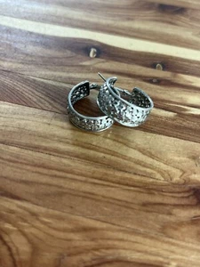 Vintage Antique  Diamond Cut Sterling Silver Hoop Earrings 925 - Picture 1 of 5