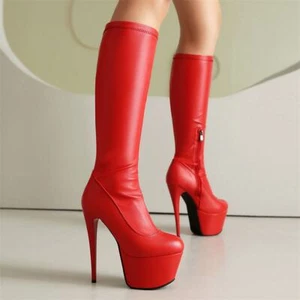Stretchy Womens Platform Party Clubwear Zip Stiletto Heels Sexy Knee High Boots - Picture 1 of 18